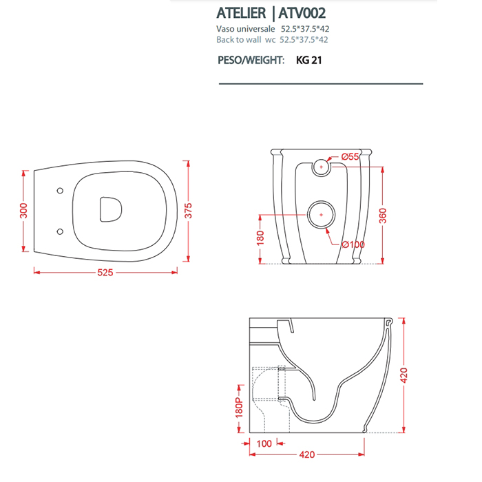 Artceram Atelier Унитаз напольный, 52х37хh42см, безободковый, слив универсальный, с крепежом, цвет: черный матовый