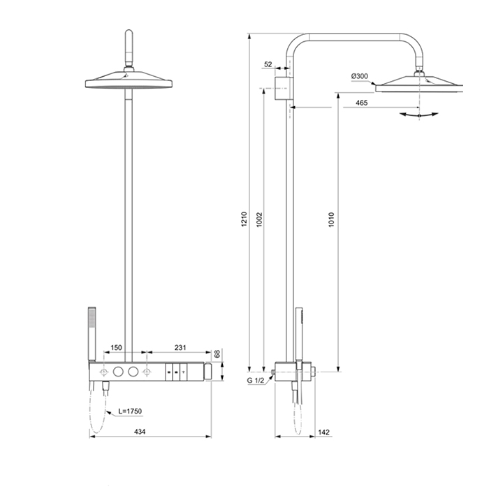 Ideal Standard Solos Душевая система с термостатическим смесителем, держатель для лейки, 3-функциональный (Rain, Silkrain, SecondSkin) круглый пластиковый верхний душ 30см, ручной душ, шланг 175см, цвет: хром