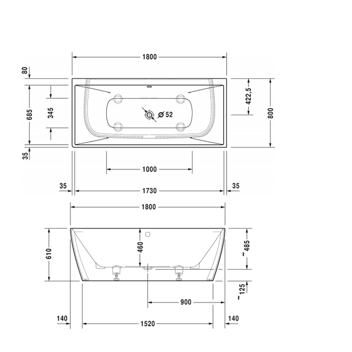 Duravit DuraSquare Ванна 180x80см, пристенный вариант, с ножками и панелью, с 2 наклонами для спины, цвет: белый