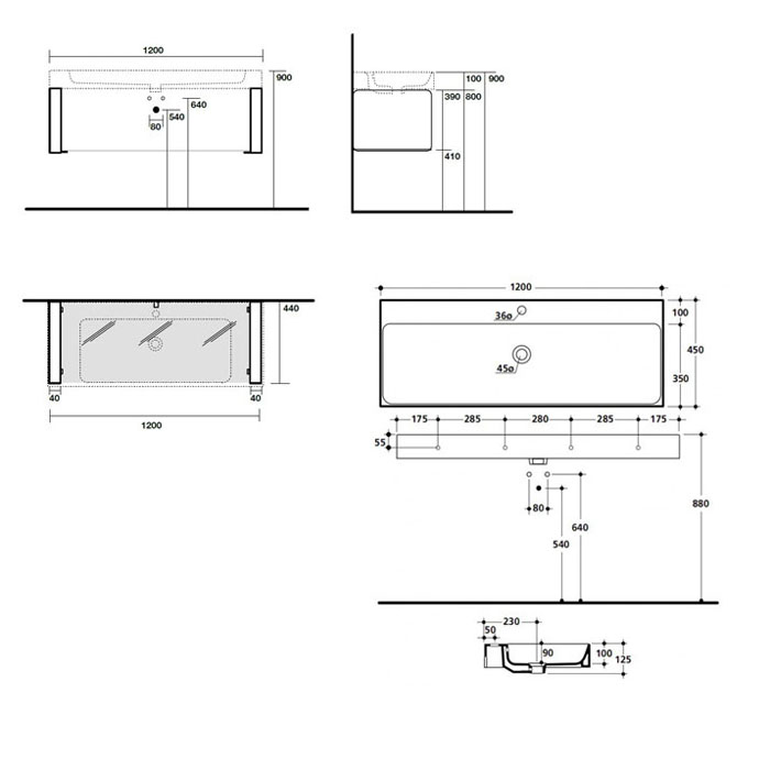 Kerasan Cento Раковина 120х45 cм, 1 отв., цвет: белый