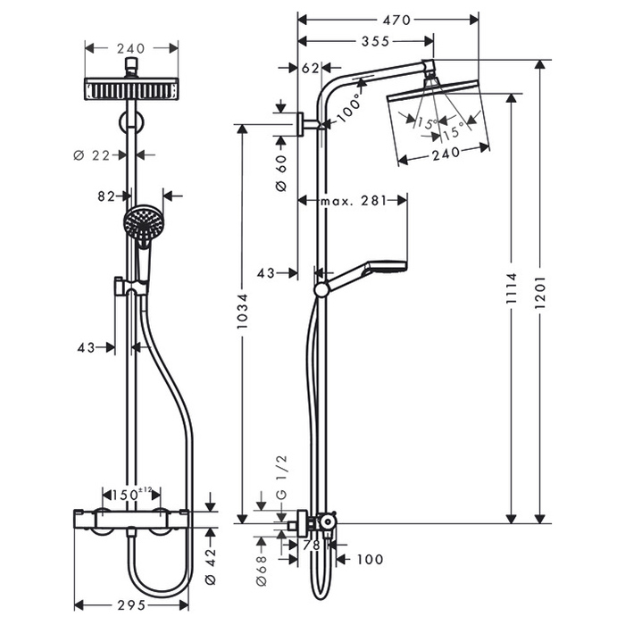 Hansgrohe Crometta E 240 SHP Душевая система 103см, с верхним душем 240х240мм, ручным душем и термостатическим смесителем, цвет: хром
