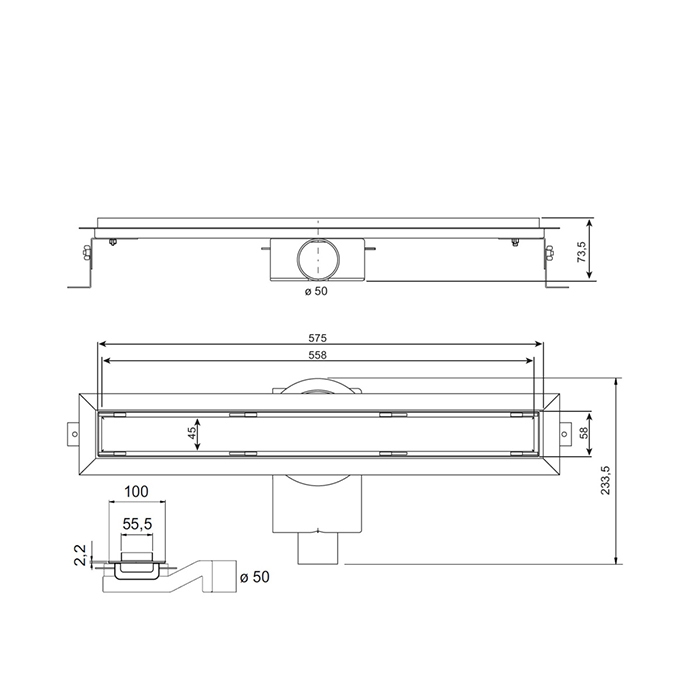 Plumberia Selection Трап душевой PS IN-TILE 6x60 2устор. накладка из нерж.стали, комбинир.затвор с горизонт. Выпуском Ду 50мм,40л/мин, цвет: нержавеющая сталь