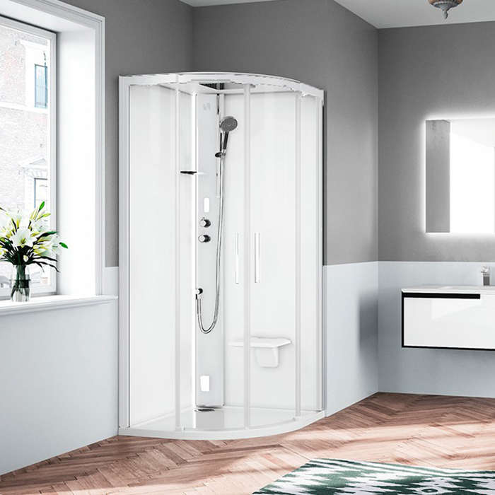 Novellini Glax Душевая кабина 90х90х224см, Standart с крышей, смеситель термостатический, Hammam и сиденье, цвет: белый матовый/стекла прозрачные