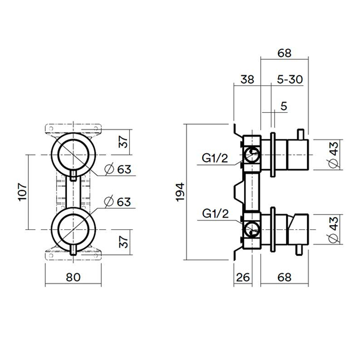 QuadroDesign Встраиваемая часть настенного смесителя на 2 потока, цвет: Light Gold PVD