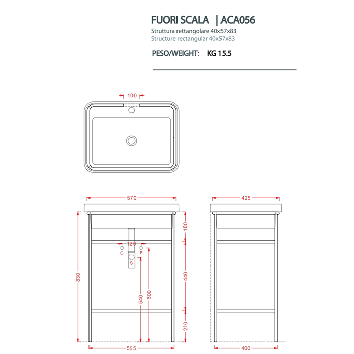 Artceram FUORI SCALA Металическая структура 40x57хh83см с раковиной на 1 отв. напольная, цвет белый, структура цвет: черный матовый