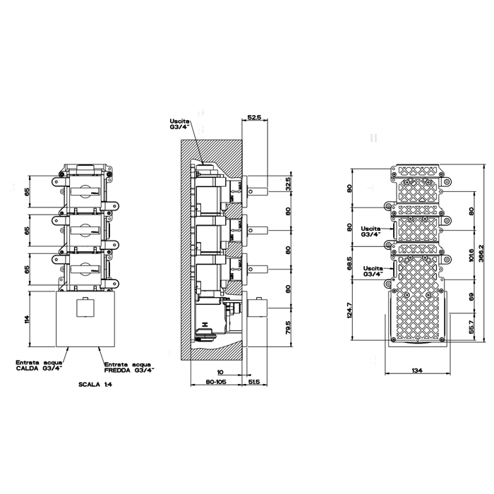 Gessi Rettangolo Встраиваемый термостатический смеситель, подключение на 3/4”, с 3мя независимыми выходами, внешняя часть, цвет: хром