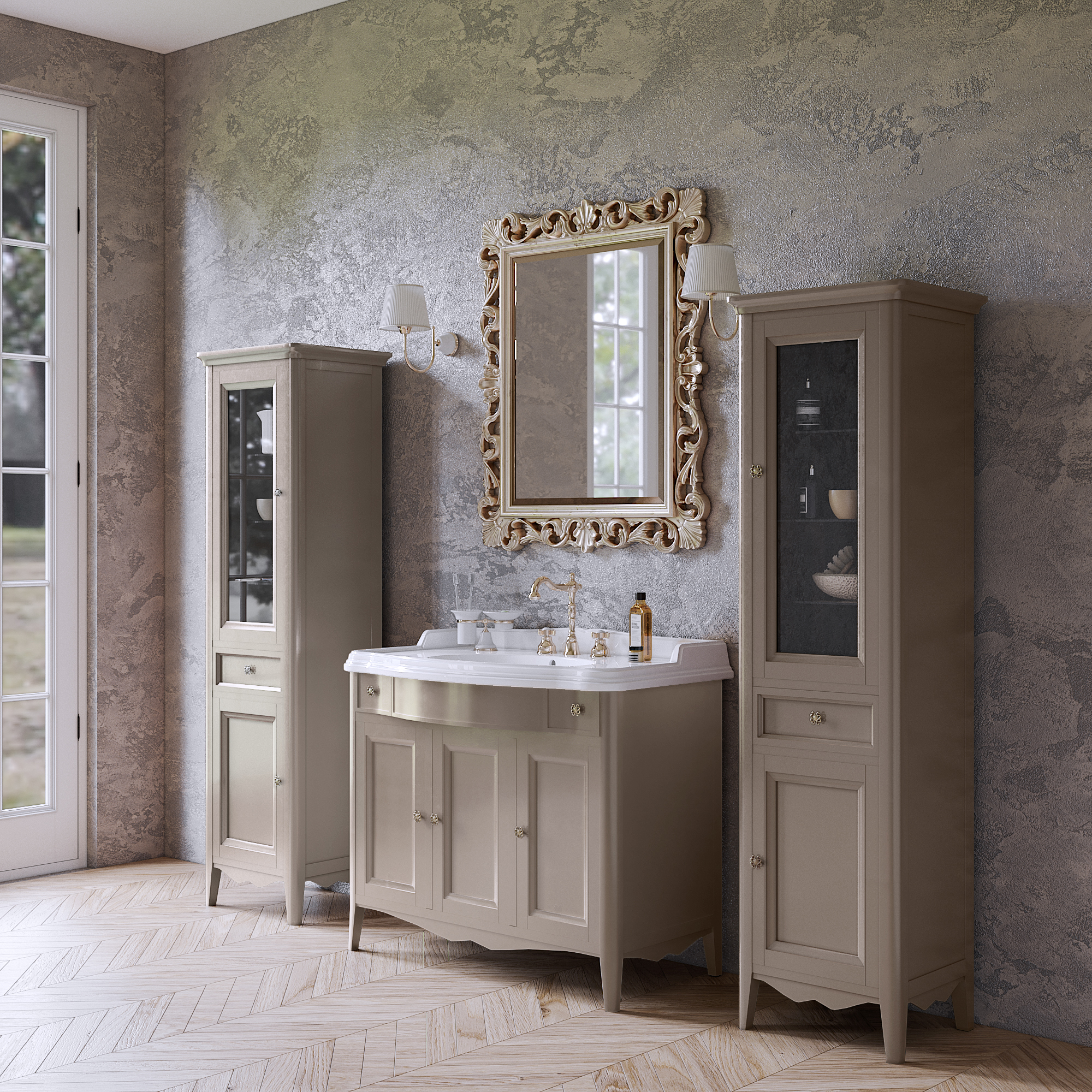 База TW Veronica, с раковиной Simas AR874bi*1 105x56см, с 1отв.,  2 верх.ящ. 3 распашные дверки, доводч. Blum, ручки: Riflesso бронза, напольная, цвет: TORTORA