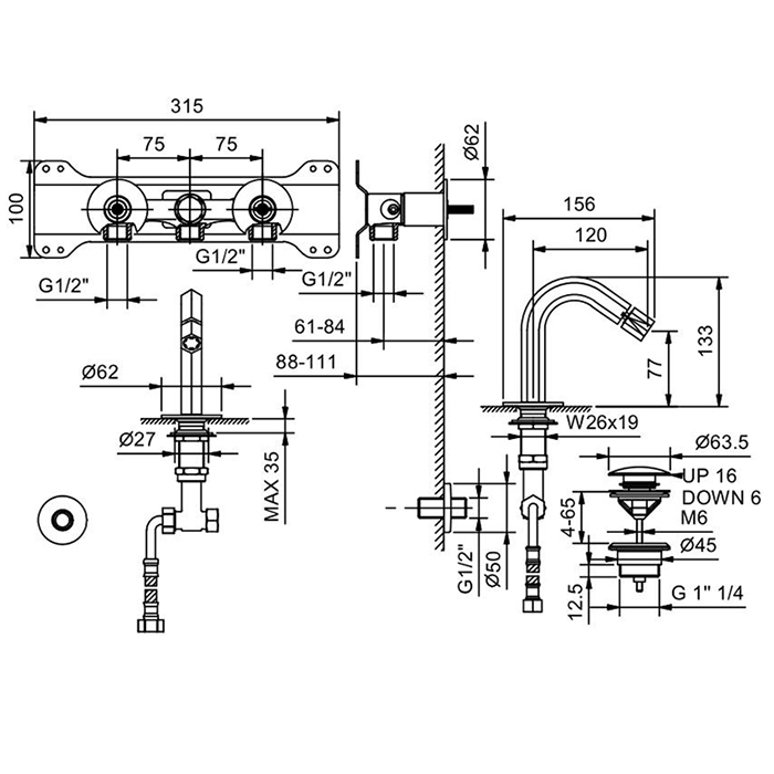 Fantini Venezia Смеситель для биде, 1 отв., излив: 120 мм, цвет: Nickel PVD