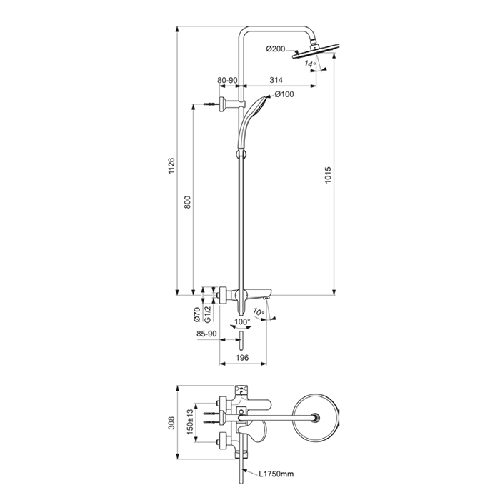 Ideal Standard IdealRain Cerafine O Душевая система с настенным смесителем, верхним душем Ø20см, держателем, лейкой для душа и шлангом 175см, цвет: черный матовый