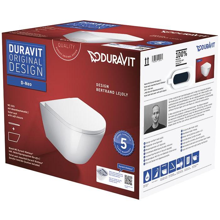 Duravit D-Neo Унитаз подвесной 37x54 см, безободковый, в комплекте с сиденьем, цвет: белый