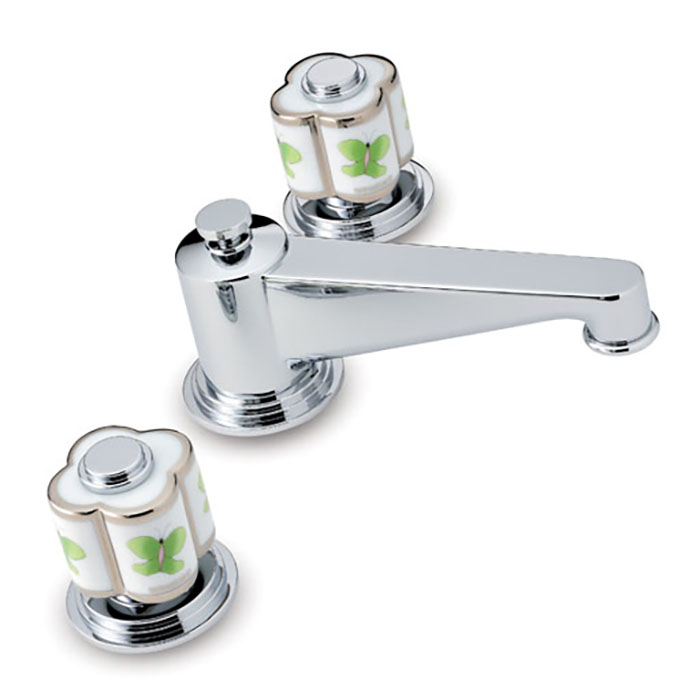 Смеситель для раковины THG CAPUCINE VERT DECOR PLATINE на 3 отверстия, с донным клапаном, декор платина/зеленый, цвет: хром