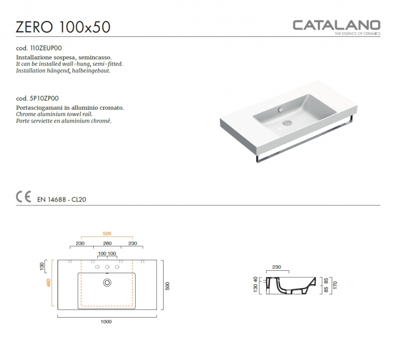 Раковина Catalano New Zero 100x50 0121010001 / 110ZEUP00