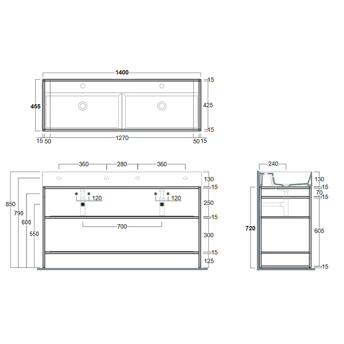 Структура Simas Agile металлическая 141x46xh72см, напольная, для раковины с 1 отв., AG141, с 2 полками, цвет: черный матовый