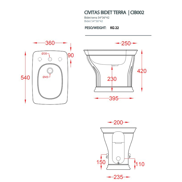 Artceram CIVITAS  Биде напольное  36х54 см, с крепеж. с 1 отв под смес, цвет: белый
