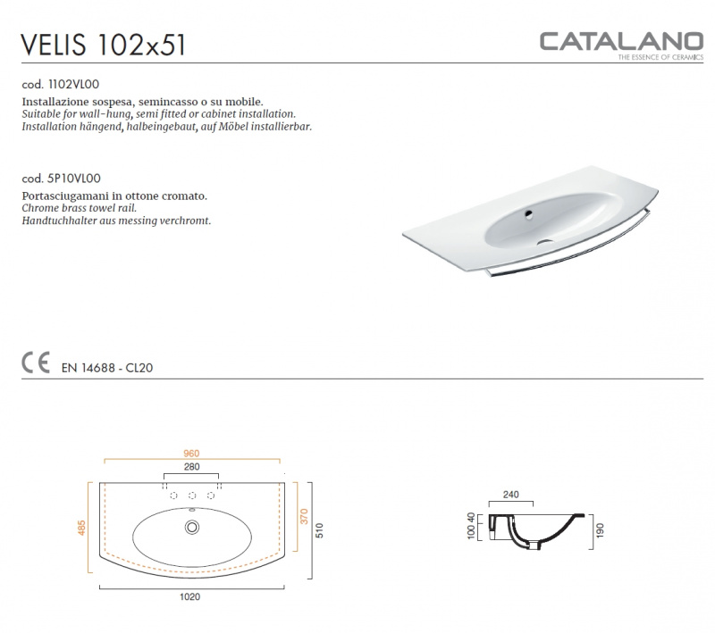 Раковина Catalano Velis 102x51 1102VL00