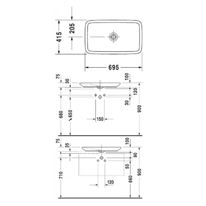 Duravit PuraVida Раковина 70x42см, накладная, без отв., без перелива, цвет: белый