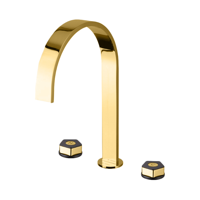 Смеситель для ванны Newform ParkLE, высокий, 3 отв., с донным клапаном, цвет: PVD glossy gold/черный матовый