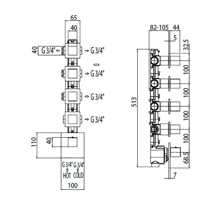 Bossini Rectangular Термостат для душа, встраиваемый, с девиаторм/3 запорных вентиля на 5 выходов, уст-ка верт/гор., цвет: хром