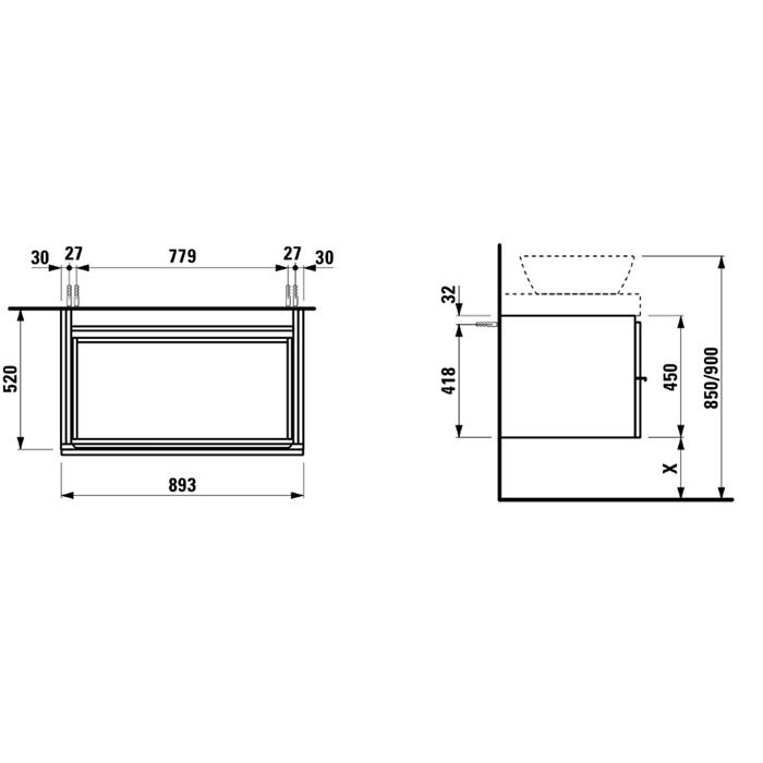 Laufen Case Шкафчик 89.3x52x45см, 2 ящика, цвет: белый матовый
