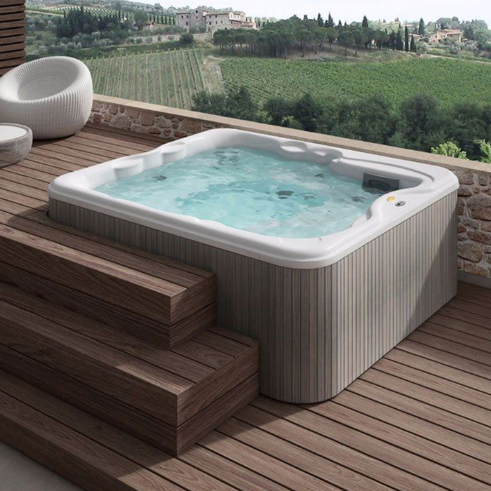 Jacuzzi Lodge L Минибассейн 223x211см, отдельностоящий, c г/м Hydro+Blower, утеплитель Eco Shield, панель Sillwer wood, цвет акрила: Platinum