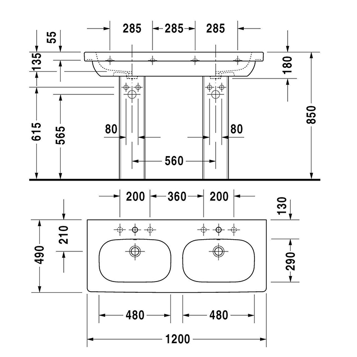 Duravit D-Code Раковина для мебели, 120х49см, с 1 отв., двойная, с перел., цвет: белый