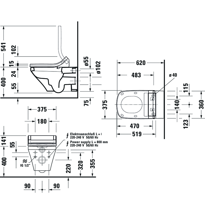 Duravit DuraStyle Унитаз подвесной 62х37см, для крышки-биде Sensowash, с креплением, цвет: белый