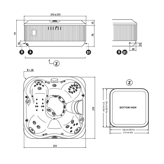 Jacuzzi J335 Минибассейн 214х214хh94см, отдельностоящий, гидро/аэромассаж, подсветка, стереосистема, CLEARRAY, MSFoam, нагреватель, с крышкой, отделка: platinum / smoked  ebony