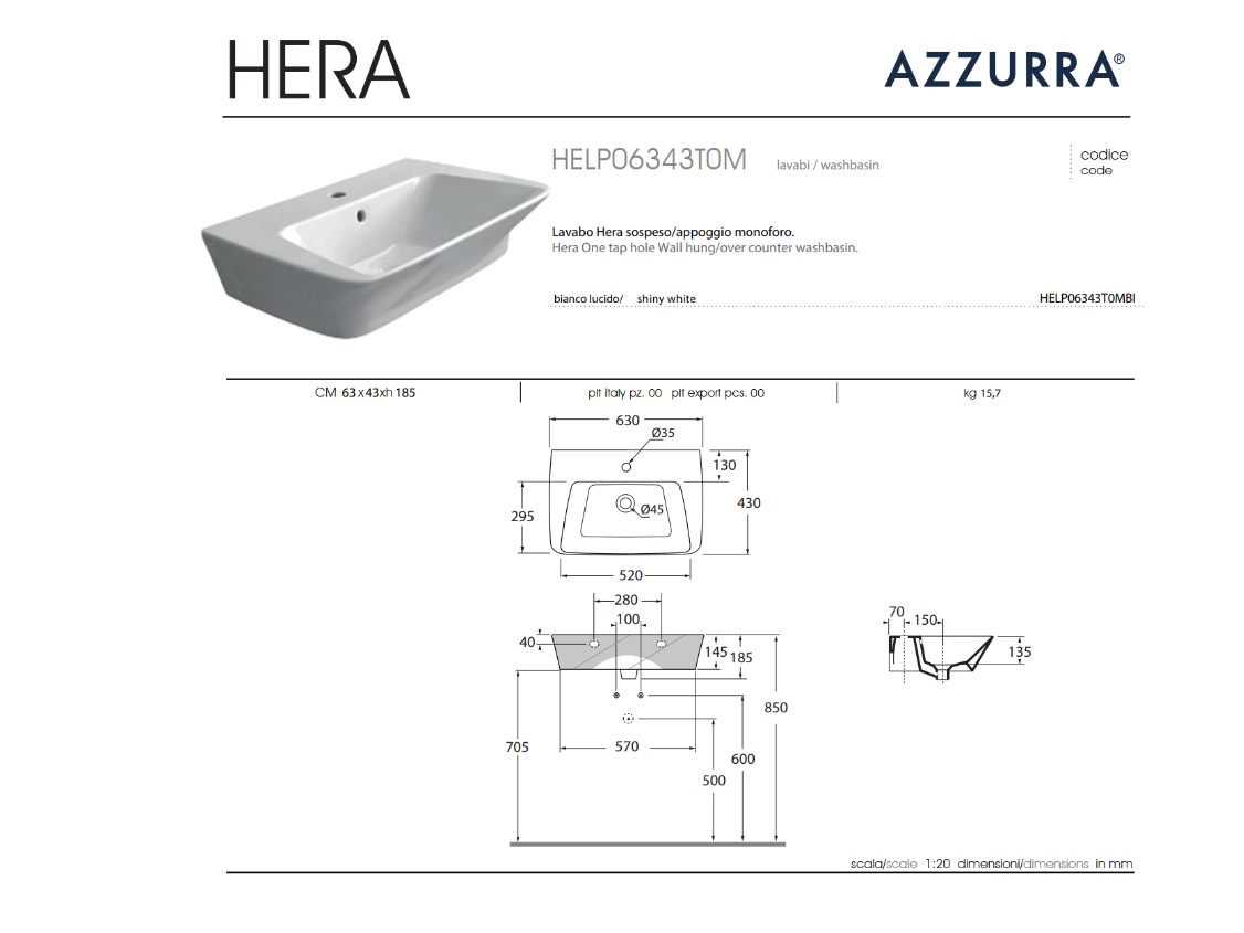 Раковина Azzurra Hera 63х43х14.5 см, 1 отв., подвесная, цвет: белый