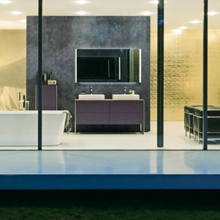 База Duravit XSquare на ножках  на 2 раковины  140х57.8х40см, с 4 выдв ящик, Цвет Темно-лиловый шелковисто-матовый с консолью, напольная, цвет: орех