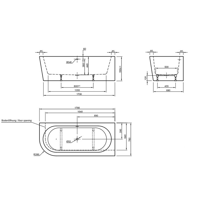 Knief Wall Corner Left Ванна акриловая в правый угол 180x80x60см, щелевой перелив SLOT (черный матовый), цвет: белый