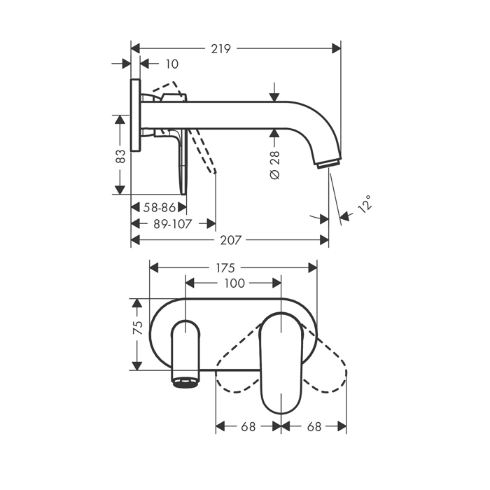 Смеситель для раковины Hansgrohe Vernis Shap, настенный, излив 204 мм, внешняя часть, цвет: матовый черный