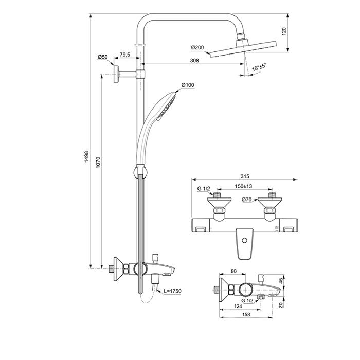Ideal Standard Ceratherm T25 Душевая система с термостатическим смесителем, верхним душем Ø20см, держателем, лейкой для душа и шлангом 160см, цвет: хром