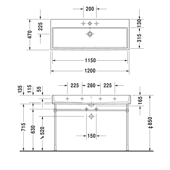 Раковина накладная Duravit Vero Air 120х47см, с 3 отв., без перелива, цвет: белый