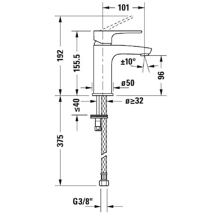Смеситель для раковины Duravit B.1, 1 отв., с донным клапаном, излив 101мм, цвет: хром