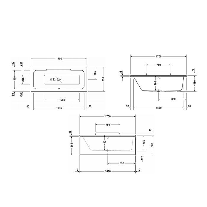 Duravit DuraStyle Ванна 170х75x46см, прямоугольная, встраиваемая или версия с панелями и ножками, с наклоном для спины слева, цвет: белый