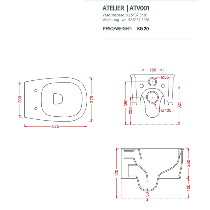 Artceram Atelier Унитаз подвесной, 52х37см, безободковый, с крепежом, цвет: черный матовый