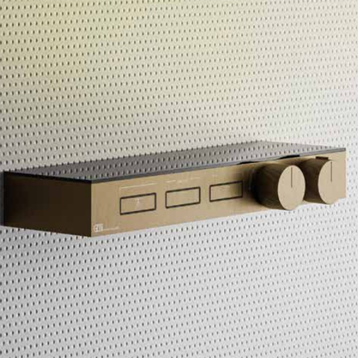 Термостат для душа Gessi Hi-Fi, с вкл. до 3 источников одновременно, с полкой из черного мат. стекла, внешняя часть, цвет: Warm bronze brushed PVD