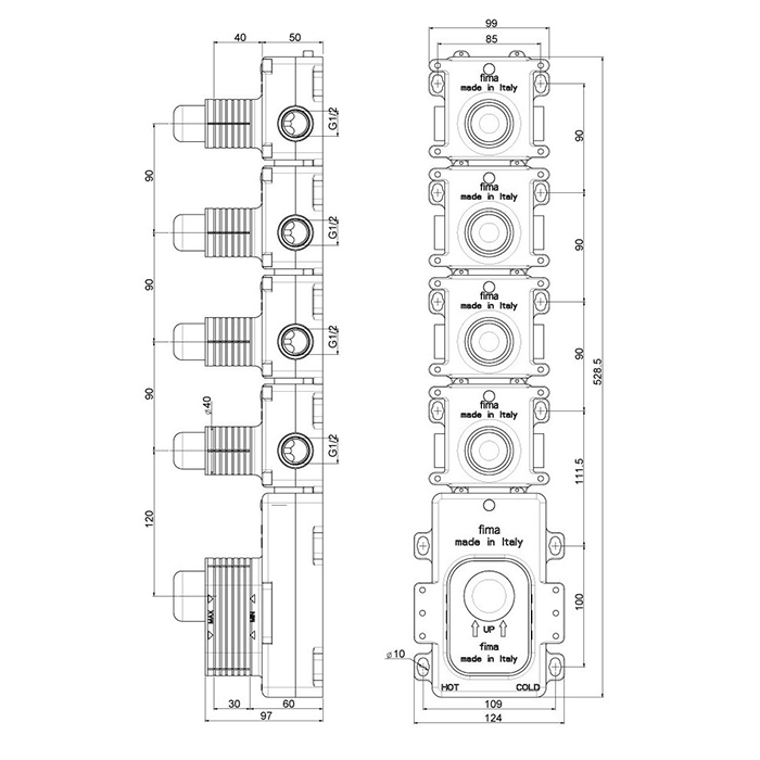 Внутренняя часть Fima Carlo Frattini Fimathermbox F2464 встраиваемого термостатического смесителя для душа, 4 источника