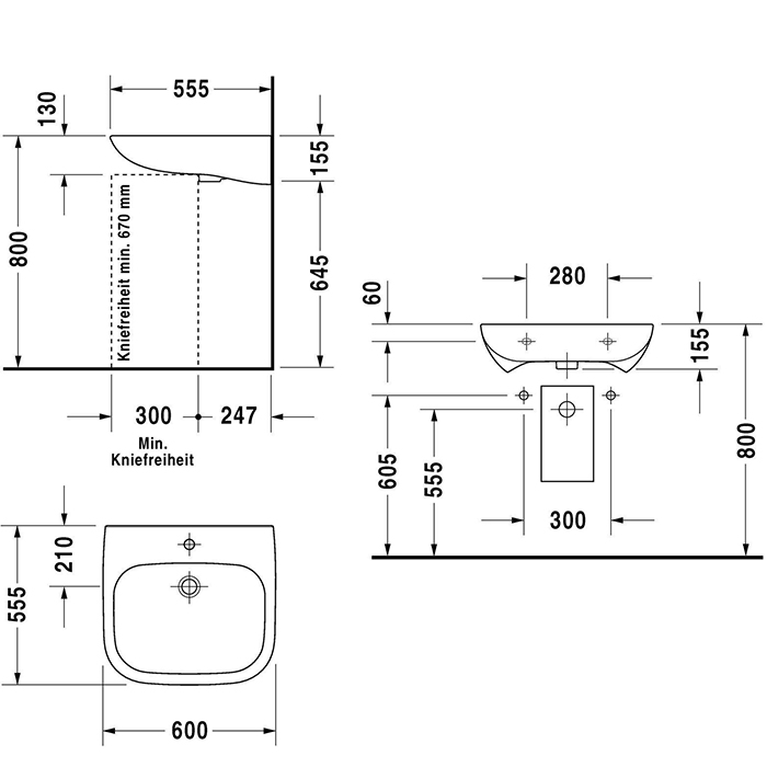 Duravit D-Code Раковина медицинский Med, без перелива, с 1 отв. под смес., 60х55см., цвет: белый