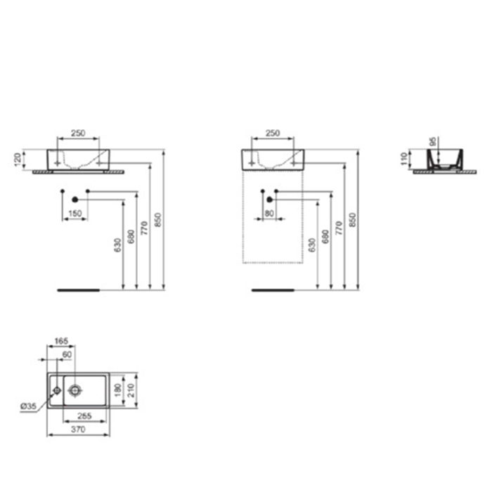 Ideal Standard i.life S Раковина 37х21xh12см., подвесная, с 1 отв., Sx, без перелива, цвет: белый матовый
