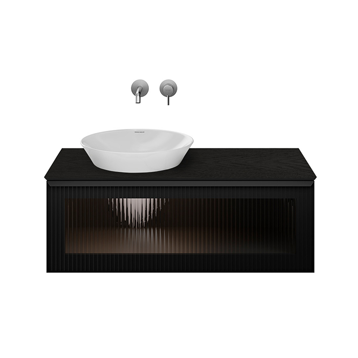 Kerama Marazzi Iconico Тумба подвесная 100 с рифленым стеклом, 1 ящик, столешница керамогранит Манифик вуд, цвет: черный