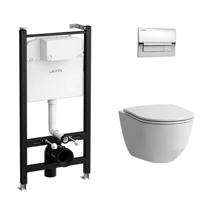 Laufen Pro Комплект 4 в 1: Унитаз подвесной, безободковый, смыв Rimless, с инсталляционной системой, сиденье с микролифтом, тонкое, клавиша смыва хром