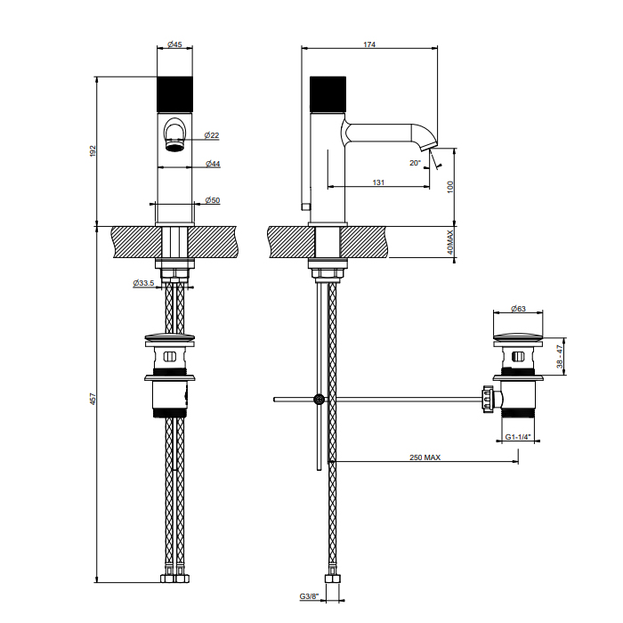 Смеситель для раковины Gessi Habito Diamantato, 1 отв., с донным клапаном, цвет: Black Metal Brushed PVD